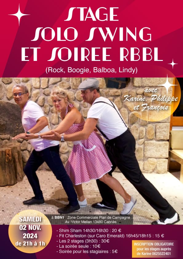 Stages et soirée,                                                    Rock, Boogie, Balboa, Lindy-hop                             Samedi 2 novembre 2024